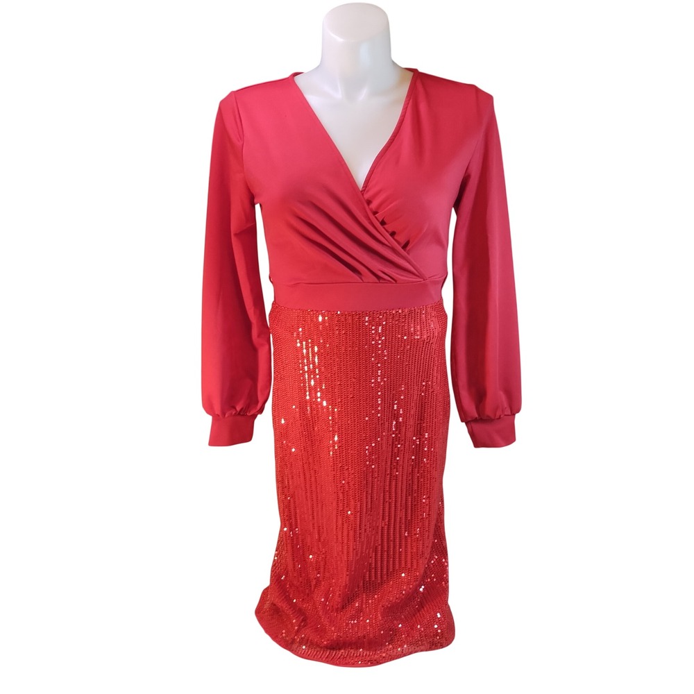 GRACE KARIN Sequin Wrap Midi Dress Evening Party Cocktail Holiday Womens MD Red